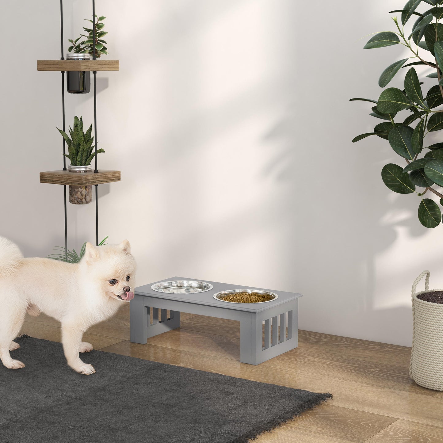 Raised Dog Feeding Bowls with Stand, Stainless Steel for Extra Small and Small Dog, 44L x 24W x 15H cm in Grey | PawHut
