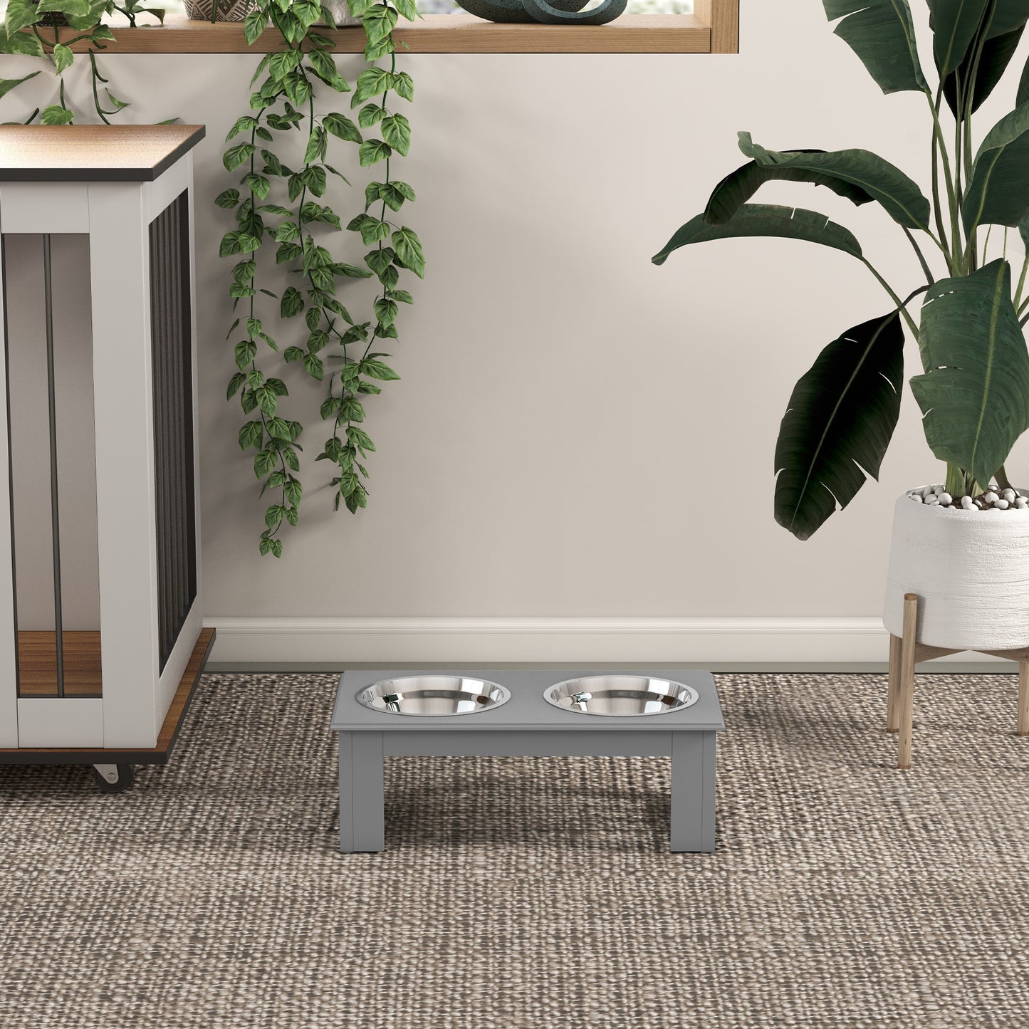Raised Dog Feeding Bowls with Stand, Stainless Steel for Extra Small and Small Dog, 44L x 24W x 15H cm in Grey | PawHut