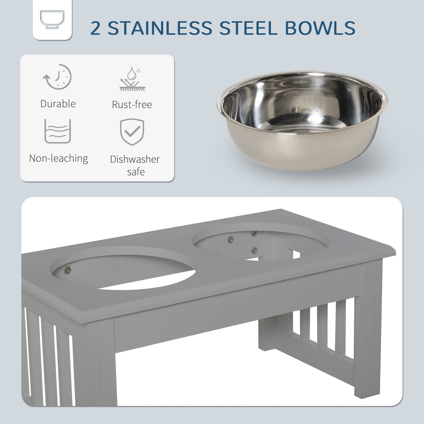 Raised Dog Feeding Bowls with Stand, Stainless Steel for Extra Small and Small Dog, 44L x 24W x 15H cm in Grey | PawHut