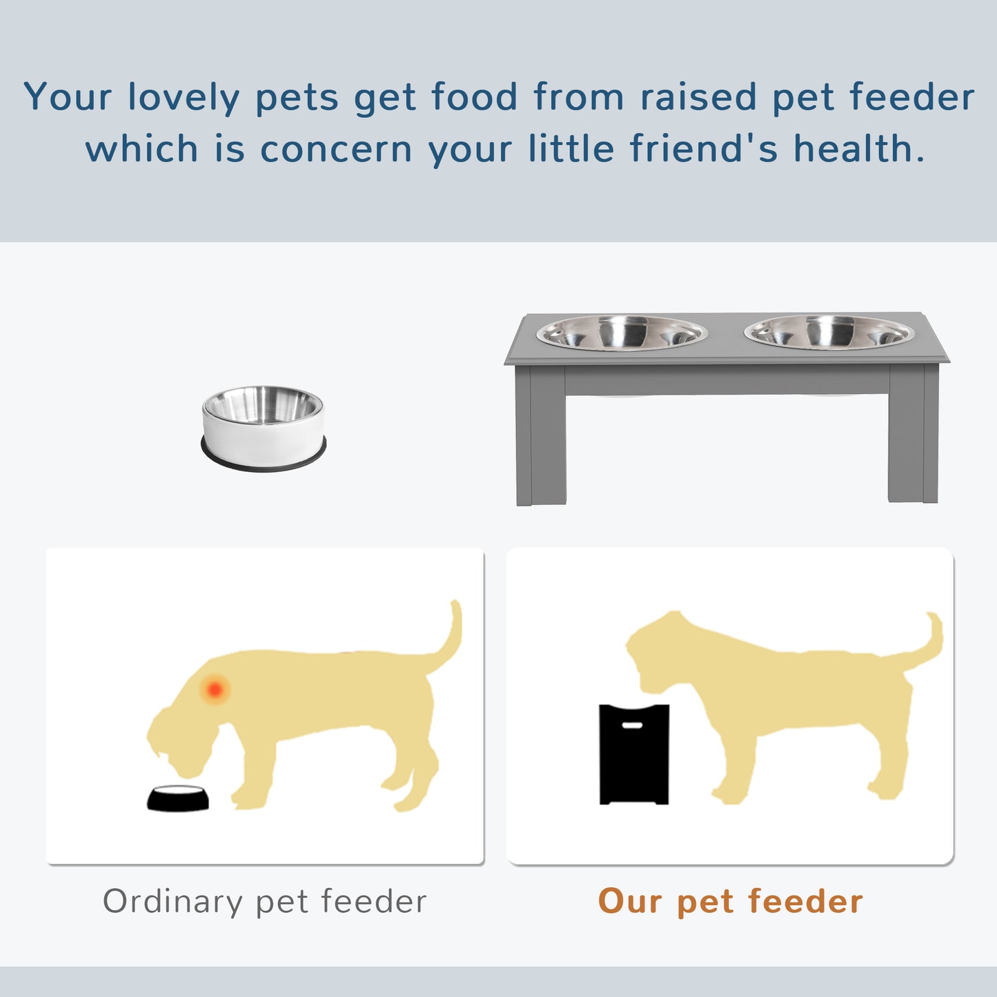 Raised Dog Feeding Bowls with Stand, Stainless Steel for Extra Small and Small Dog, 44L x 24W x 15H cm in Grey | PawHut