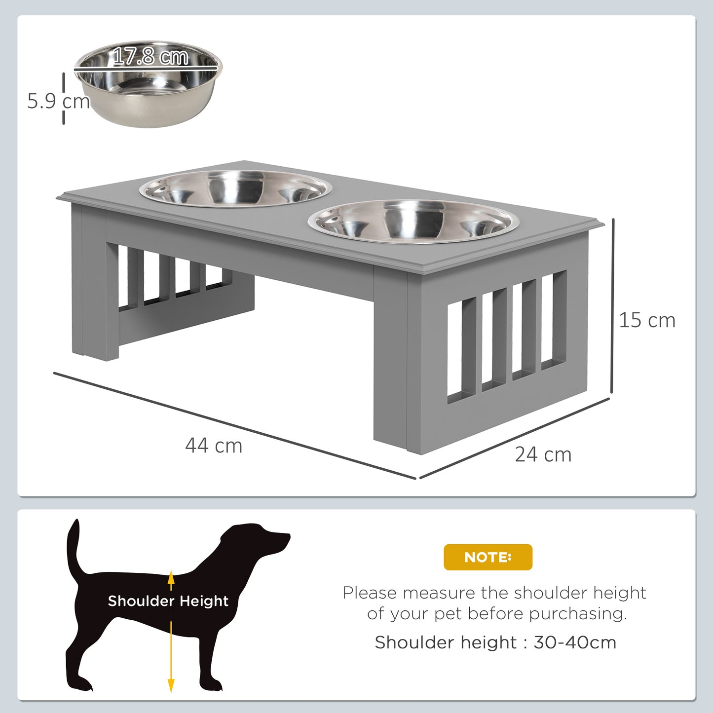 Raised Dog Feeding Bowls with Stand, Stainless Steel for Extra Small and Small Dog, 44L x 24W x 15H cm in Grey | PawHut