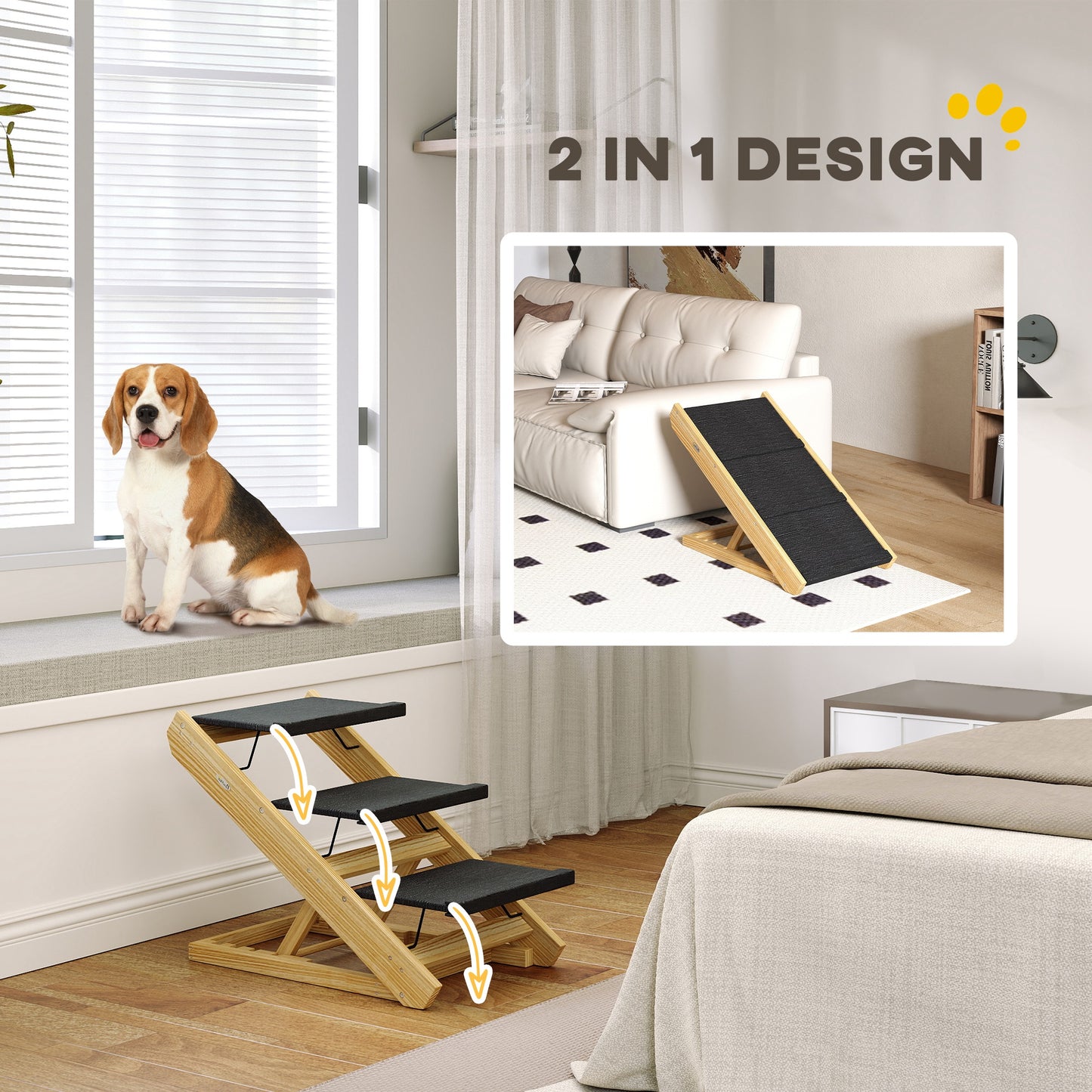 PawHut Adjustable Dog Steps Dog Ramp, 3-Step Non-slip Pet Foldable Stairs for Medium Sized Dogs for Bed Sofa