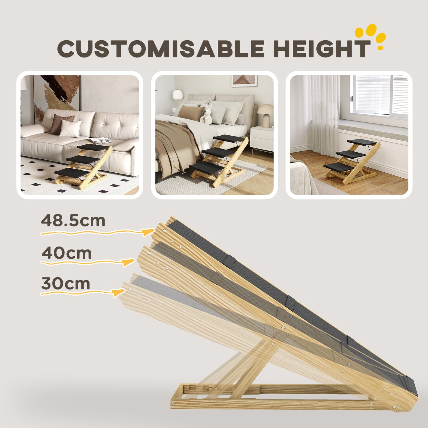 PawHut Adjustable Dog Steps Dog Ramp, 3-Step Non-slip Pet Foldable Stairs for Medium Sized Dogs for Bed Sofa