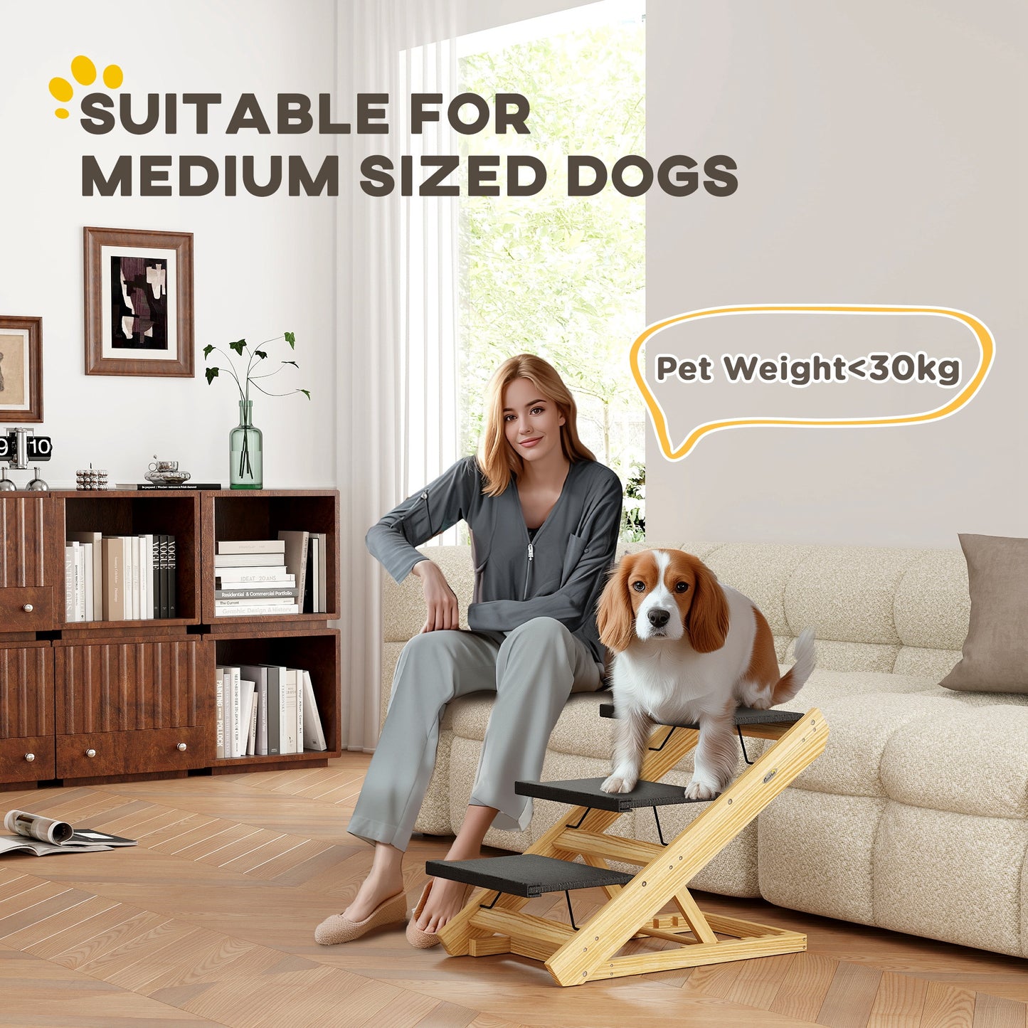 PawHut Adjustable Dog Steps Dog Ramp, 3-Step Non-slip Pet Foldable Stairs for Medium Sized Dogs for Bed Sofa