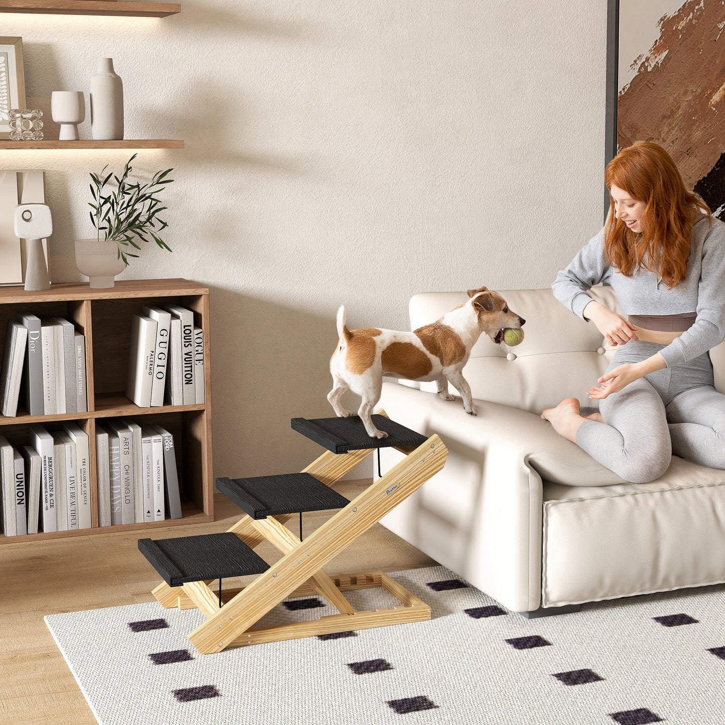 PawHut Adjustable Dog Steps Dog Ramp, 3-Step Non-slip Pet Foldable Stairs for Medium Sized Dogs for Bed Sofa